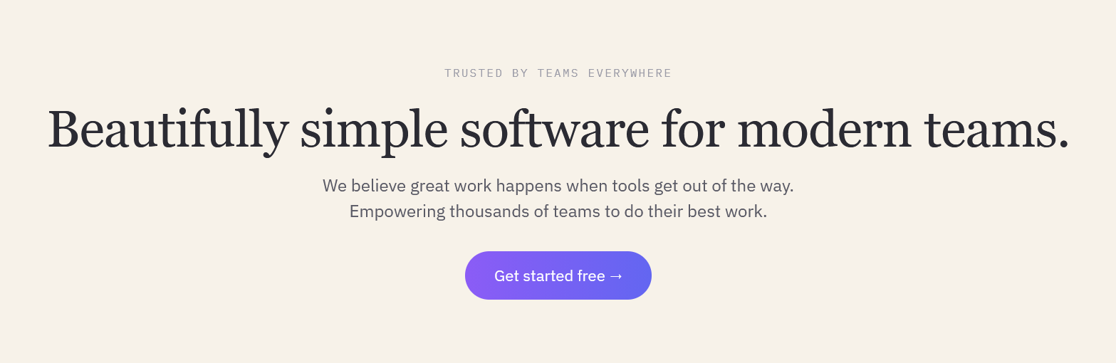 An AI-generated hero section: a letterspaced eyebrow reading 'trusted by teams everywhere', a high-contrast serif headline reading 'Beautifully simple software for modern teams', and a purple gradient button.